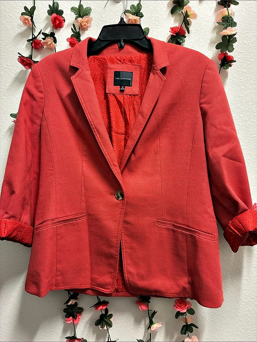 The Limited Strawberry Red & Polka Dot Lined Blazer Like New